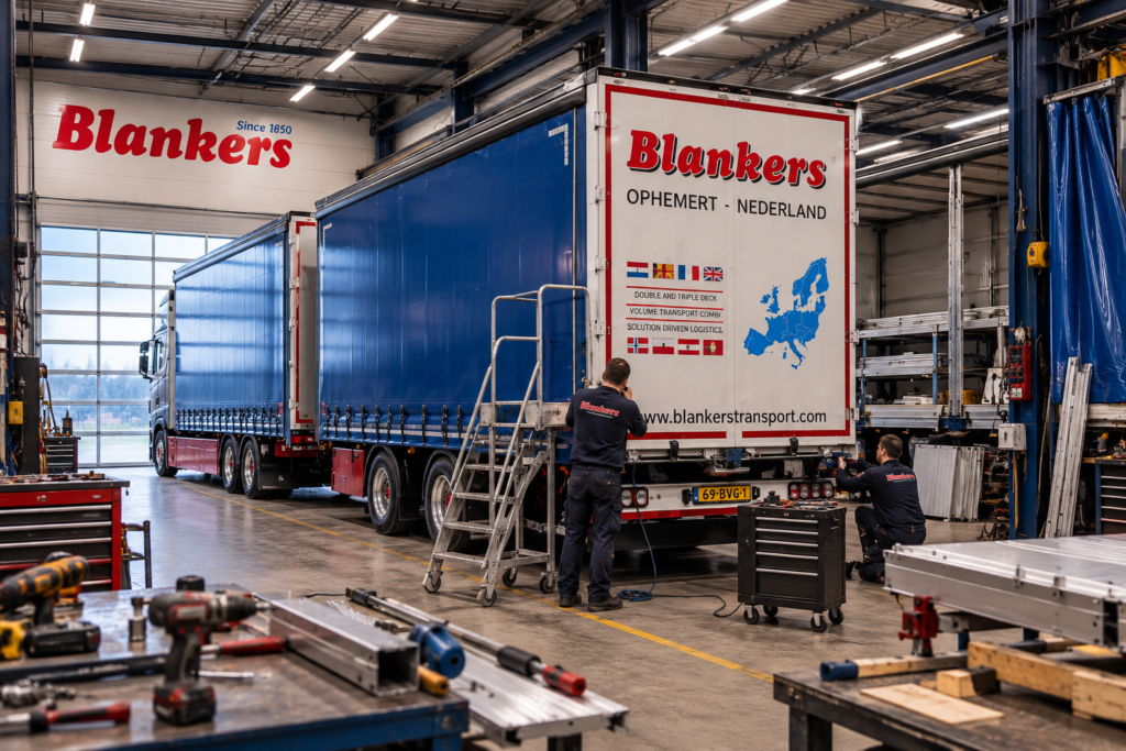 Trailer van Blankers Transport in de werkplaats