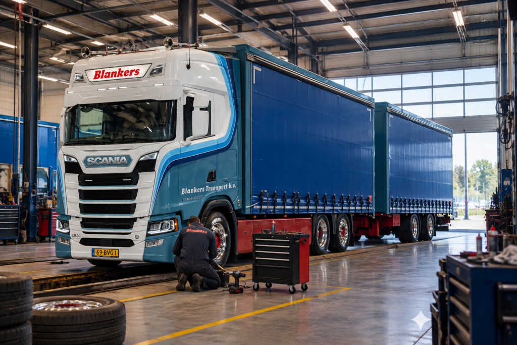 Scania van Blankers Transport in de werkplaats