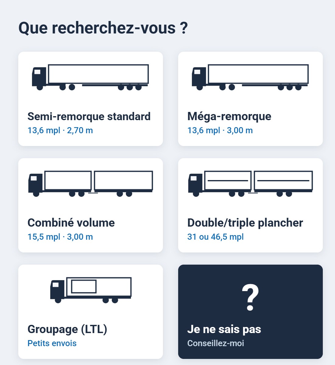 Choisissez votre véhicule : semi-remorque standard, méga-remorque, ensemble grand volume, double ou triple plancher, groupage ou conseil