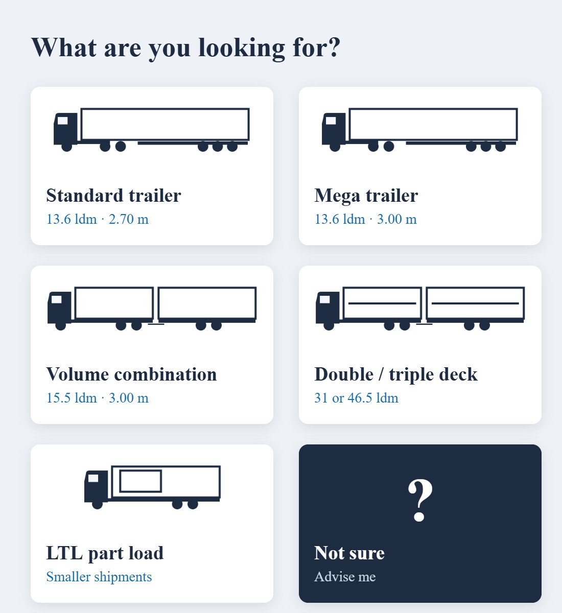 Choose your vehicle: standard trailer, mega trailer, volume combination, double or triple deck, LTL part load or advice