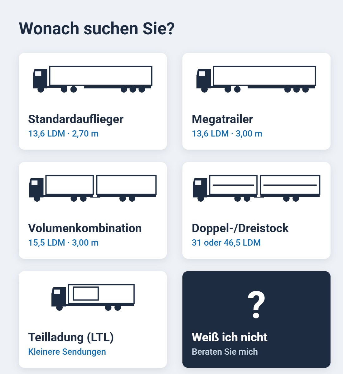 Wählen Sie Ihr Fahrzeug: Standardauflieger, Megatrailer, Volumenkombination, Doppel- oder Dreistock, Teilladung oder Beratung