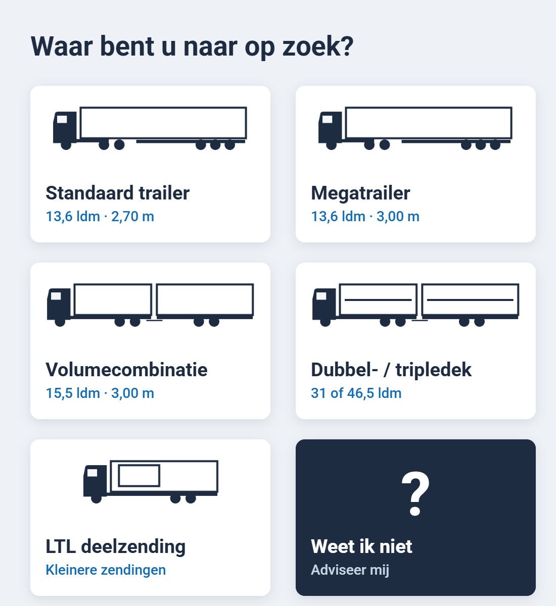 Kies uw voertuig: standaard trailer, megatrailer, volumecombinatie, dubbel- of tripledek, LTL deelzending of advies